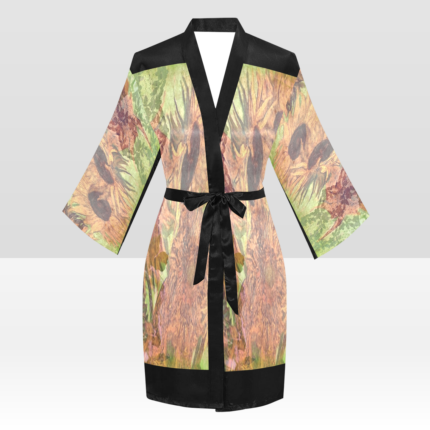 Vintage Floral Kimono Robe, Black or White Trim, Sizes XS to 2XL, Design 48xx
