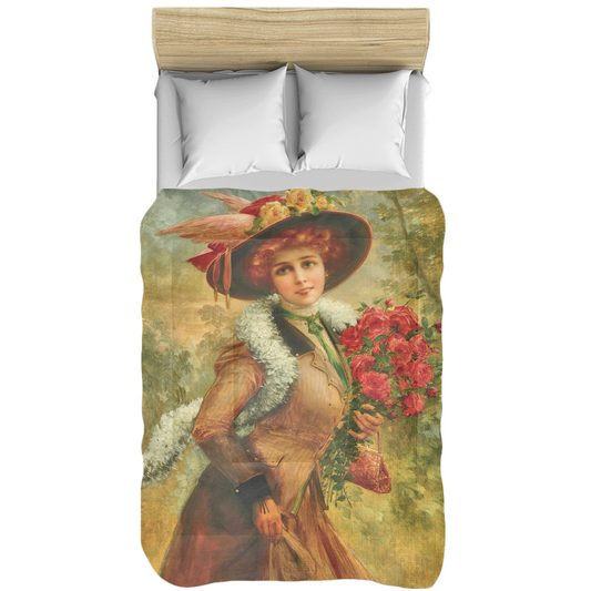 Victorian lady design comforter, twin, twin XL, queen or king, Elegant Lady with a Bouquet of Roses