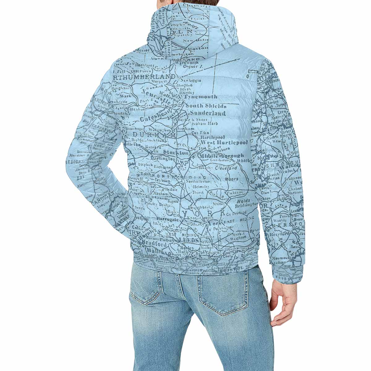 Antique Map design, mens lightweight, warm, quilted hooded bomber jacket, design, 50