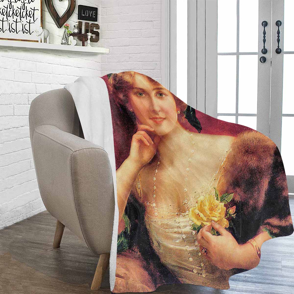 Victorian Lady Design BLANKET, LARGE 60 in x 80 in, Elegant Lady With YELLOW Roses