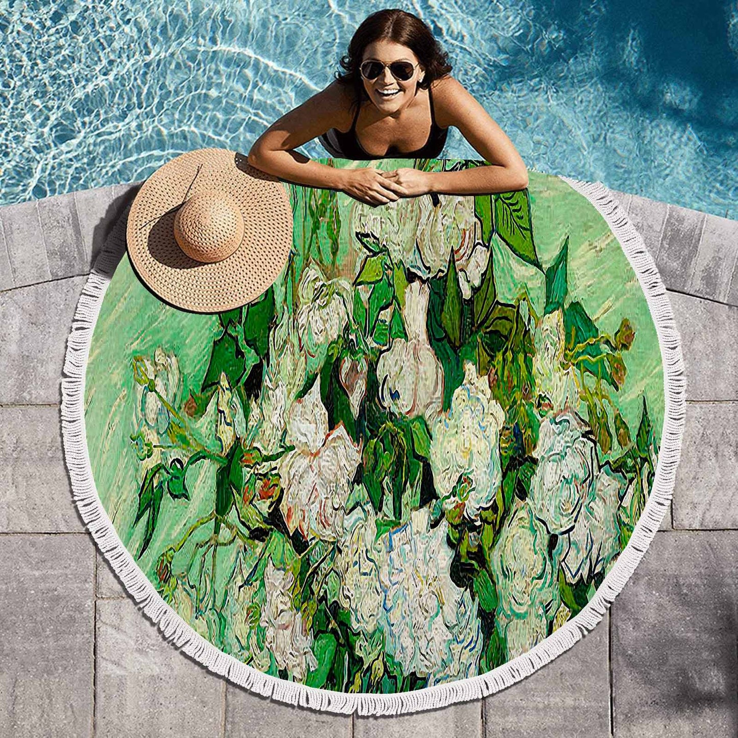 Vintage Floral circular plush beach towel, fringe edges, Design 45