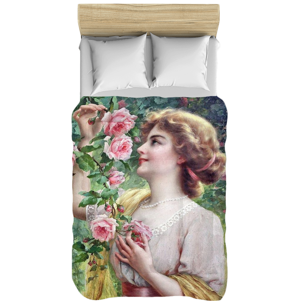 Victorian lady design comforter, twin, twin XL, queen or king, lady picking pink rose