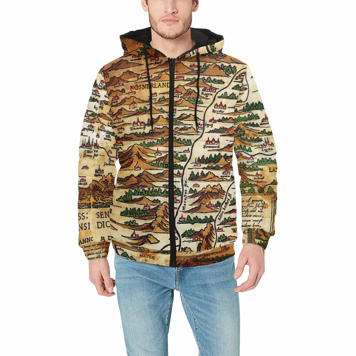 Antique Map design, mens lightweight, warm, quilted hooded bomber jacket, design, 48