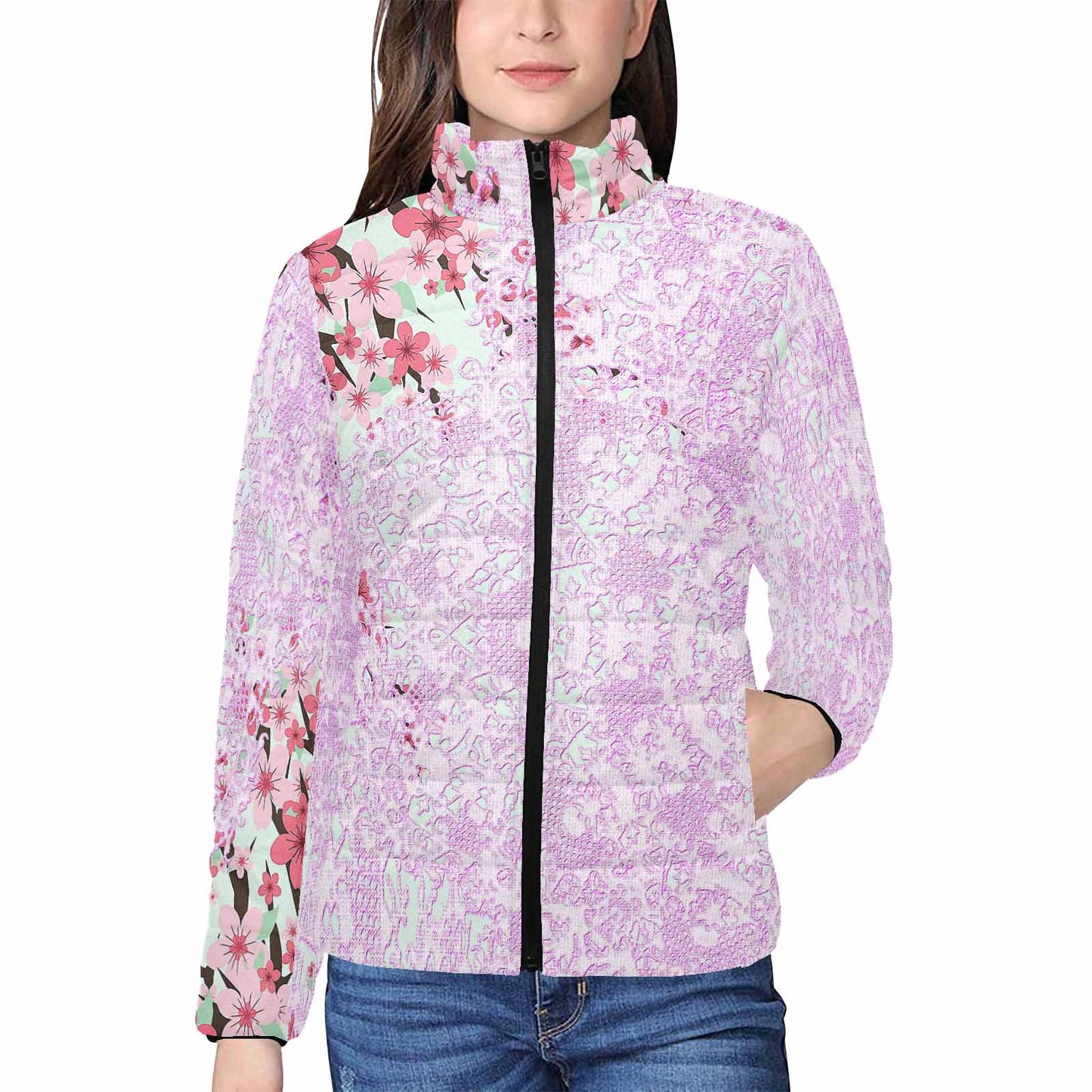 Victorian Lace print womens padded quilted jacket, design 09