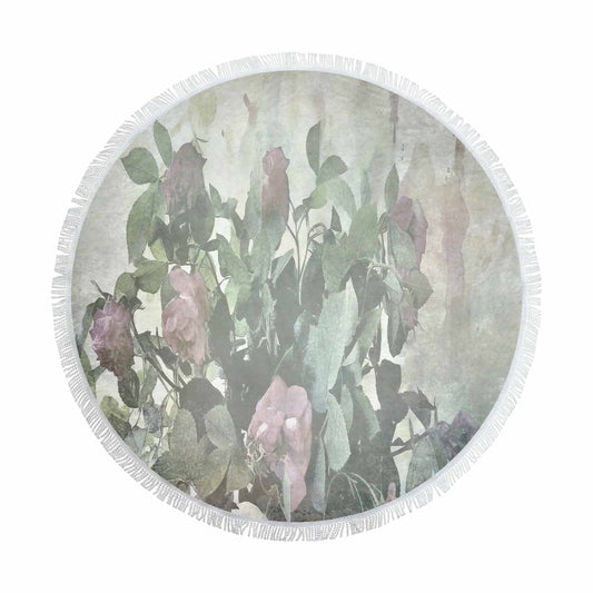 Vintage Floral circular plush beach towel, fringe edges, Design 23