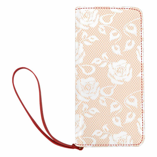 Victorian lace print womens wallet, clutch purse, red trim, design 16