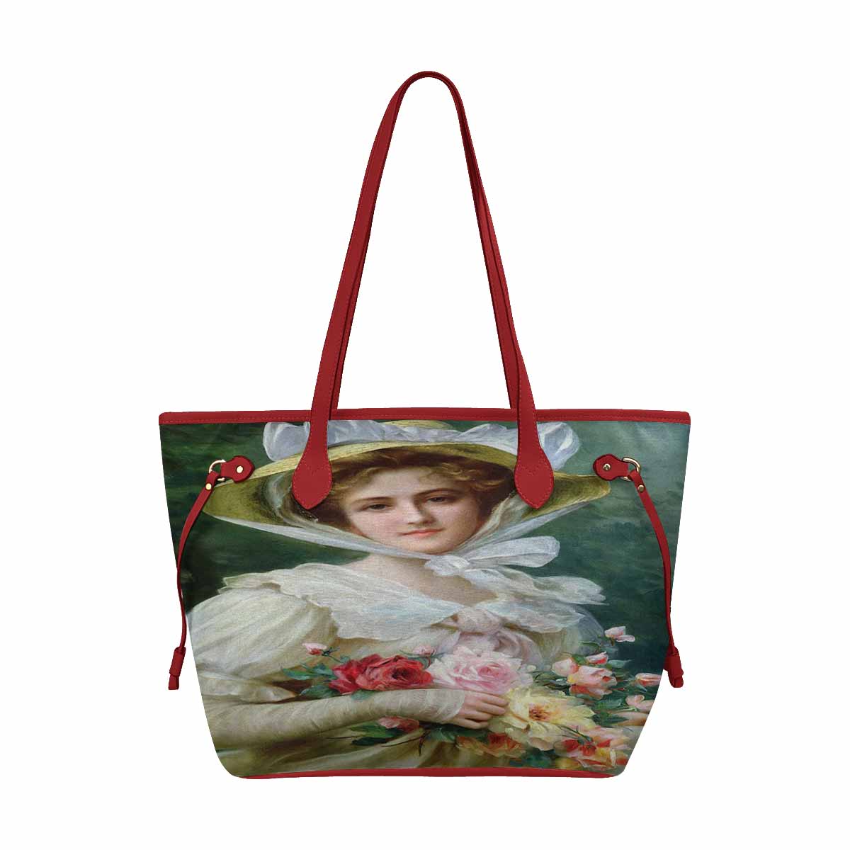 Victorian Lady Design Handbag, Model 1695361, Elegant Lady With A Bouquet of Roses 1, RED TRIM