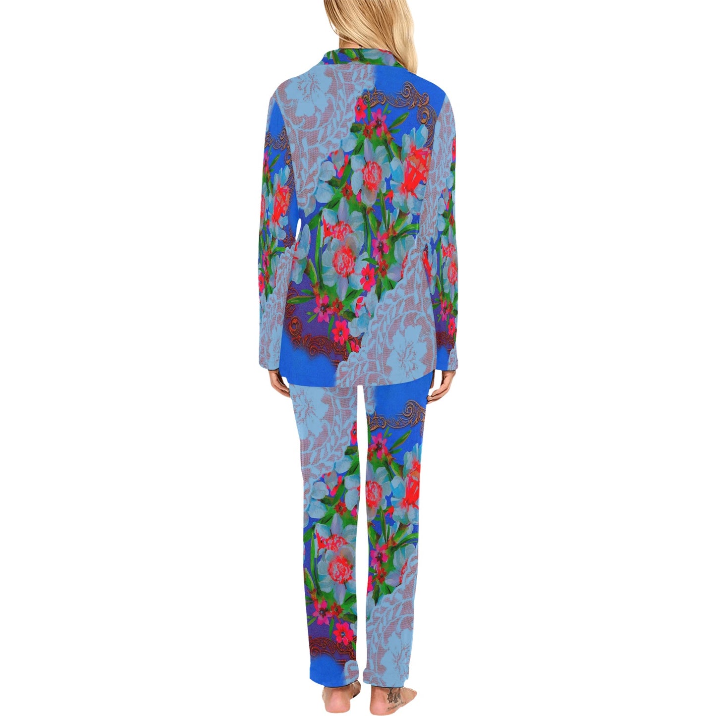 Victorian printed lace pajama set, design 46 Women's Long Pajama Set (Sets 02)