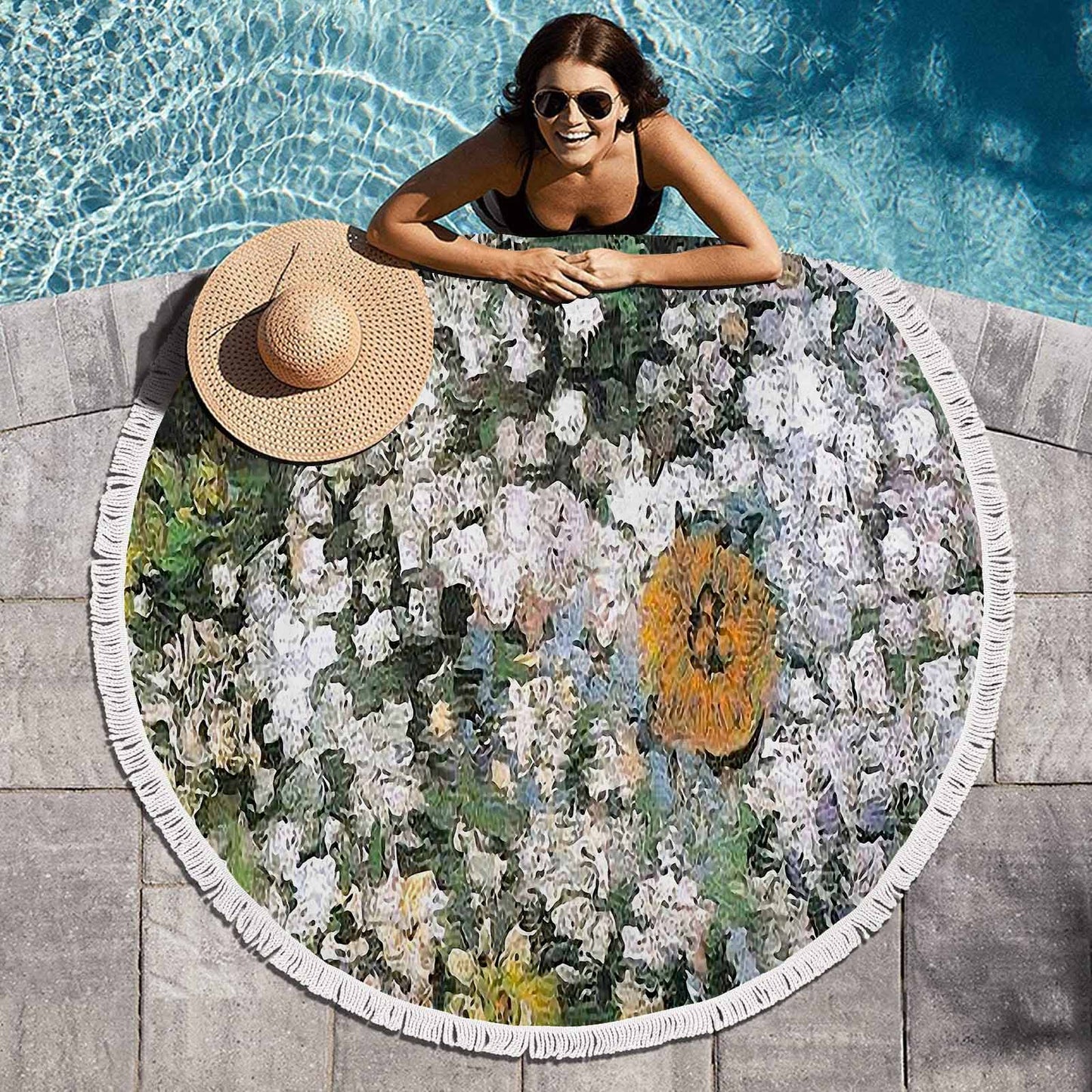Vintage Floral circular plush beach towel, fringe edges, Design 07