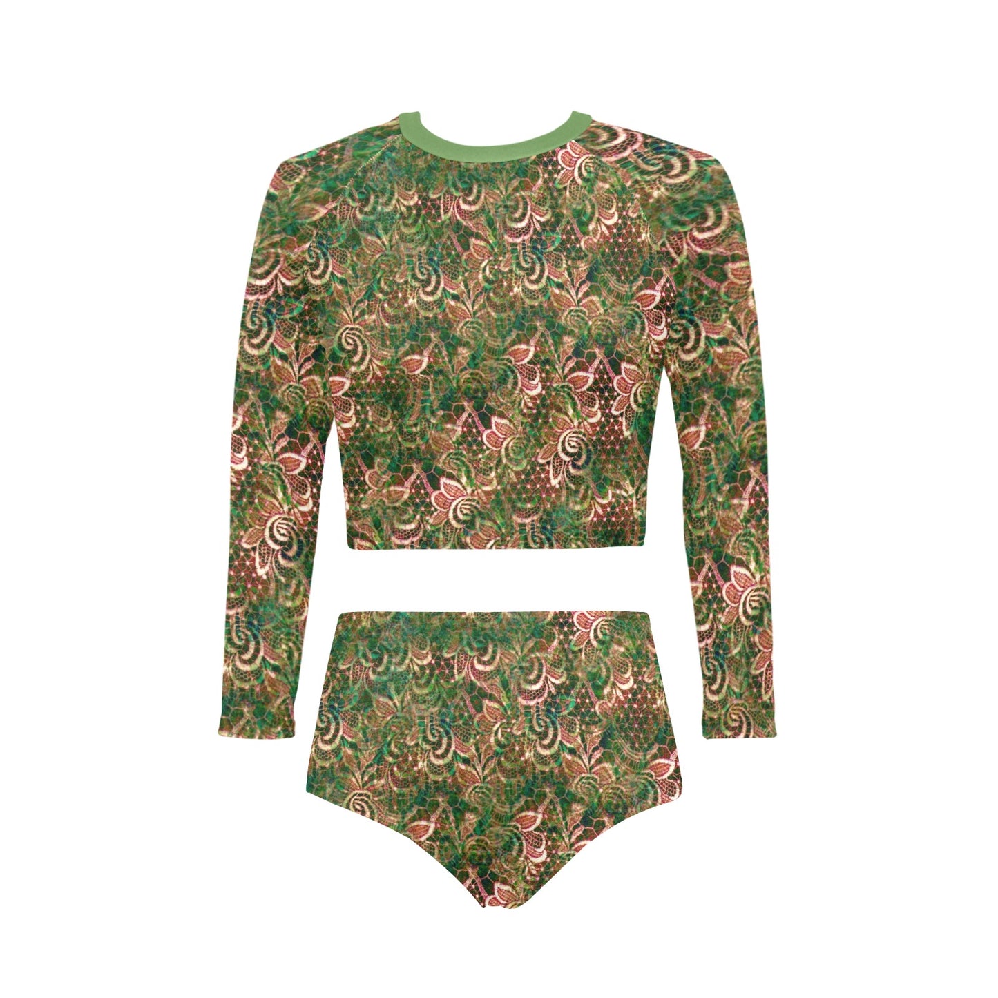Victorian printed lace, long sleeve 2pc swimsuit, beachwear, design 34 Long Sleeve Bikini Set (Model S27)