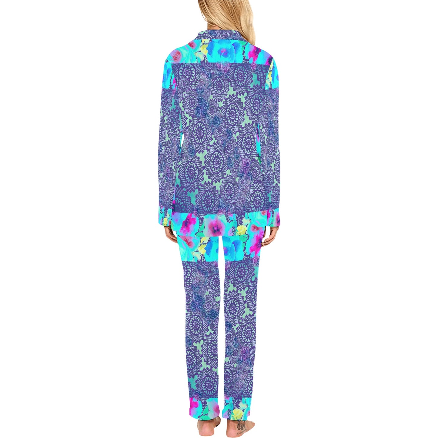 Victorian printed lace pajama set, design 14 Women's Long Pajama Set (Sets 02)