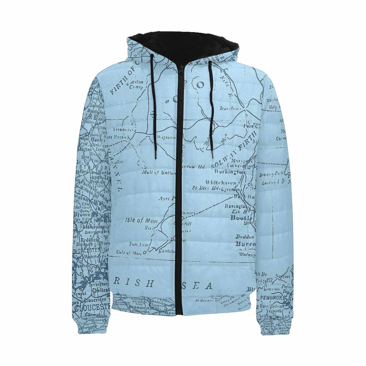 Antique Map design, mens lightweight, warm, quilted hooded bomber jacket, design, 50