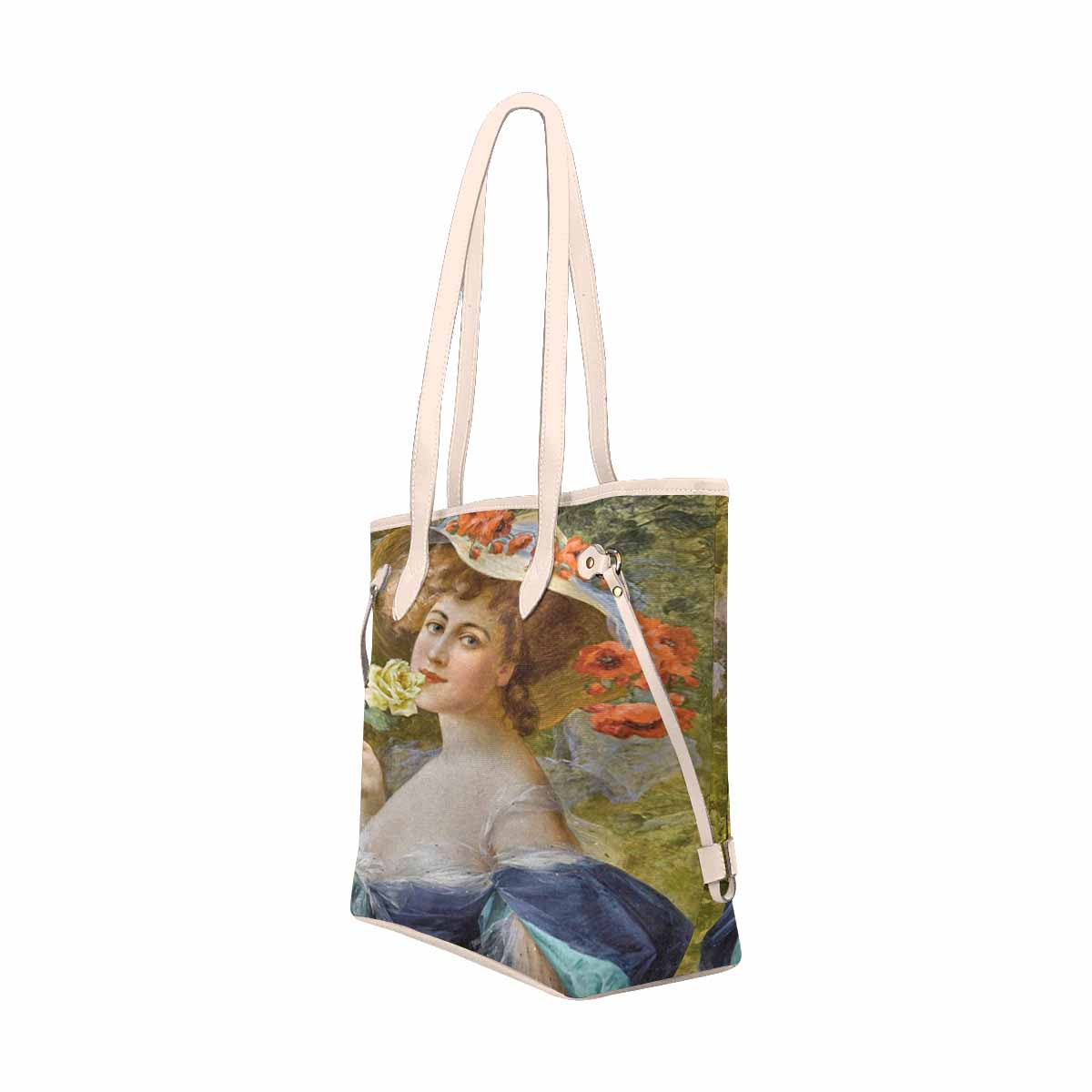 Victorian Lady Design Handbag, Model 1695361, Woman With Yellow Rose At Mouth, BEIGE/TAN TRIM