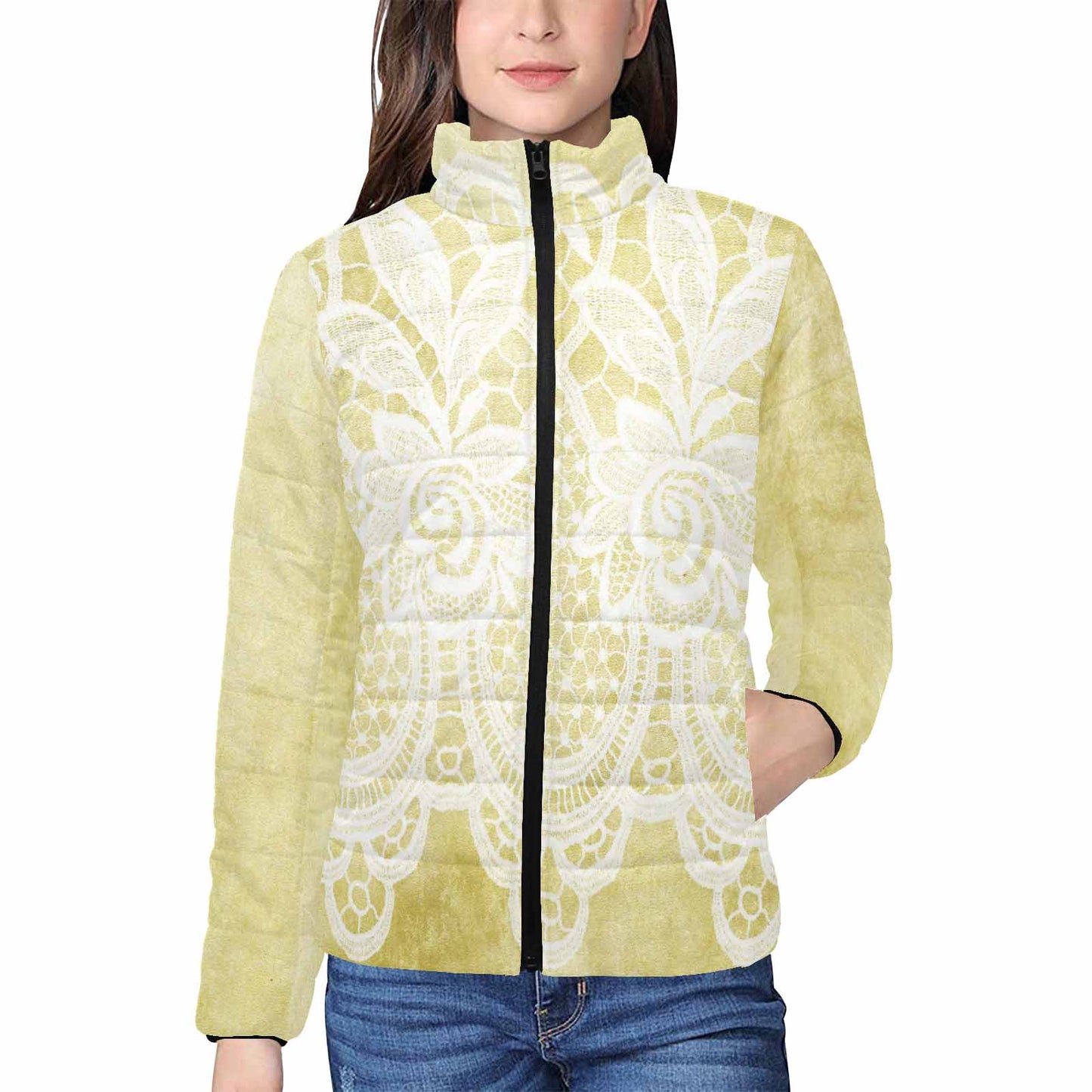 Victorian Lace print womens padded quilted jacket, design 44