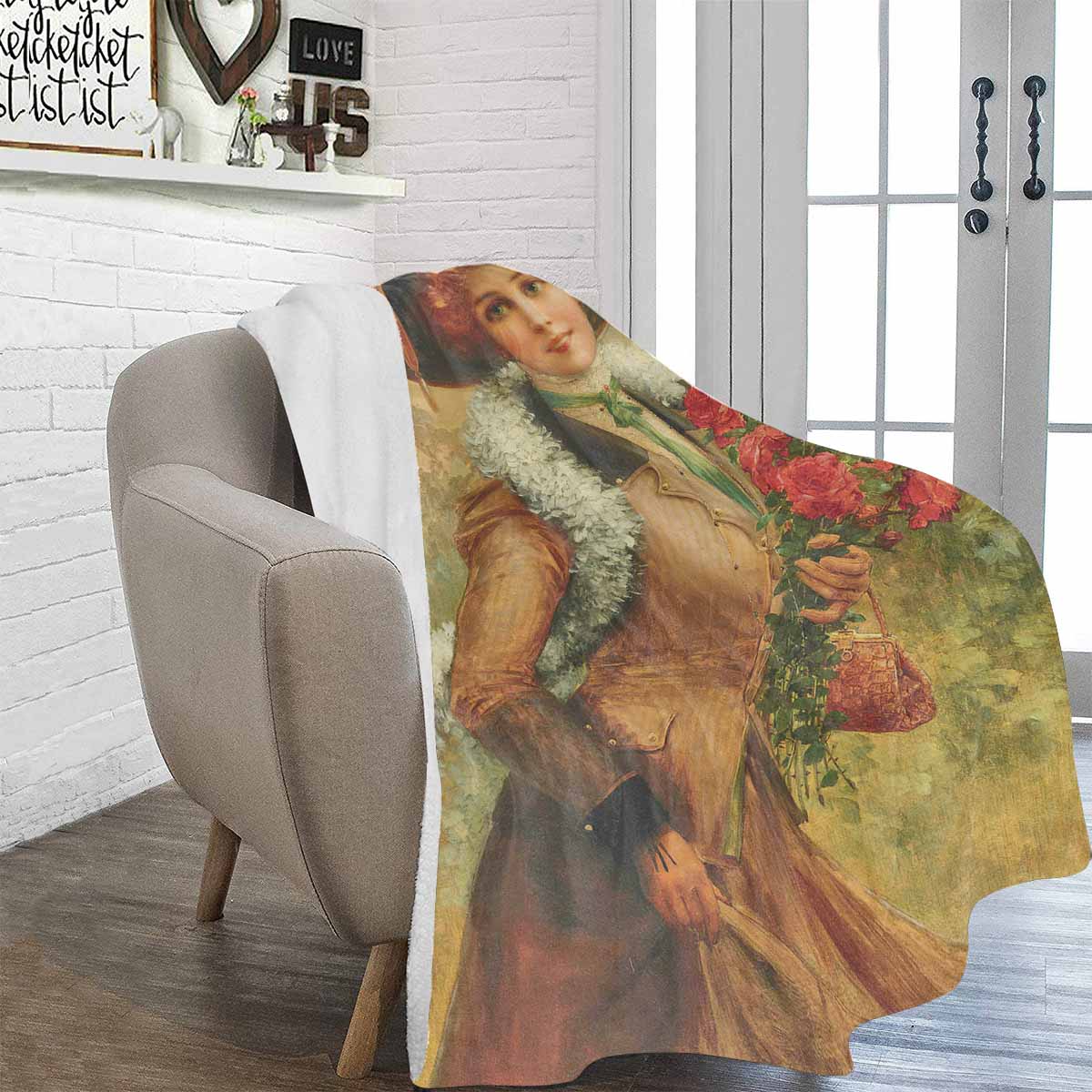 Victorian Lady Design BLANKET, LARGE 60 in x 80 in, Elegant Lady With A Bouquet Of Roses