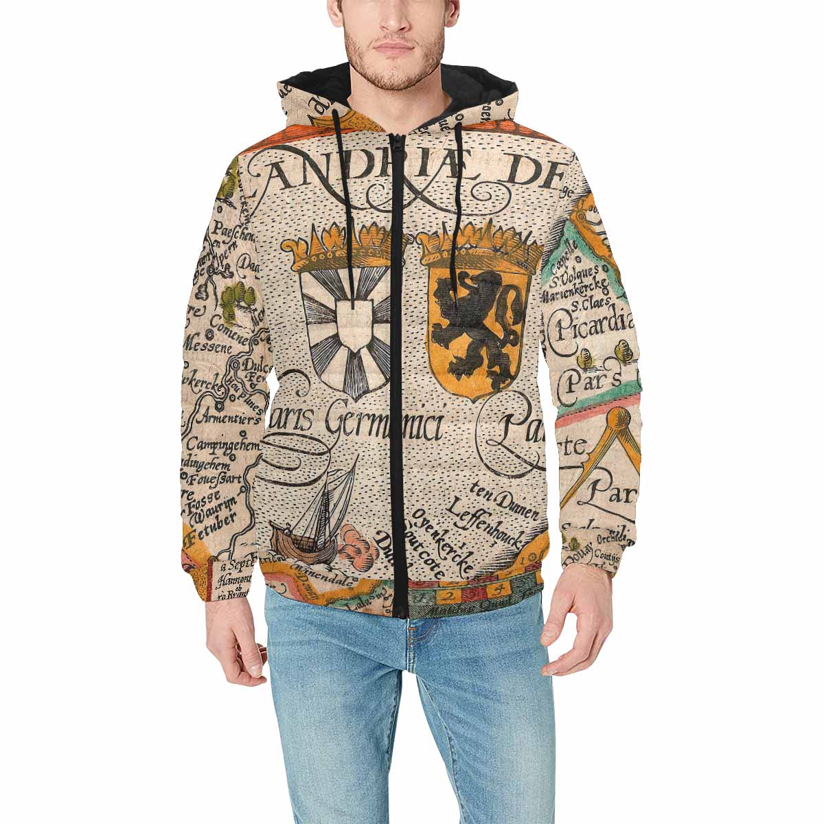 Antique Map design, mens lightweight, warm, quilted hooded bomber jacket, design, 12