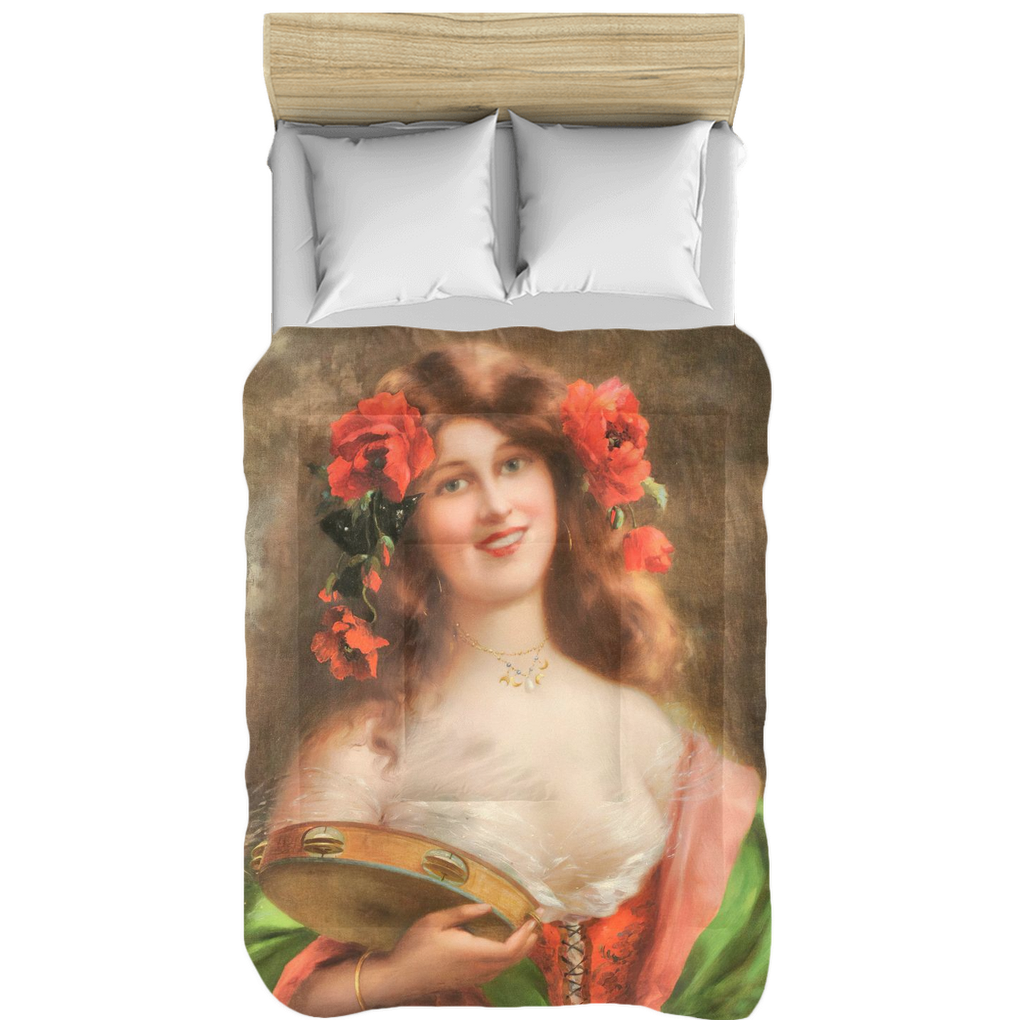 Victorian lady design comforter, twin, twin XL, queen or king, Tambourine Girl