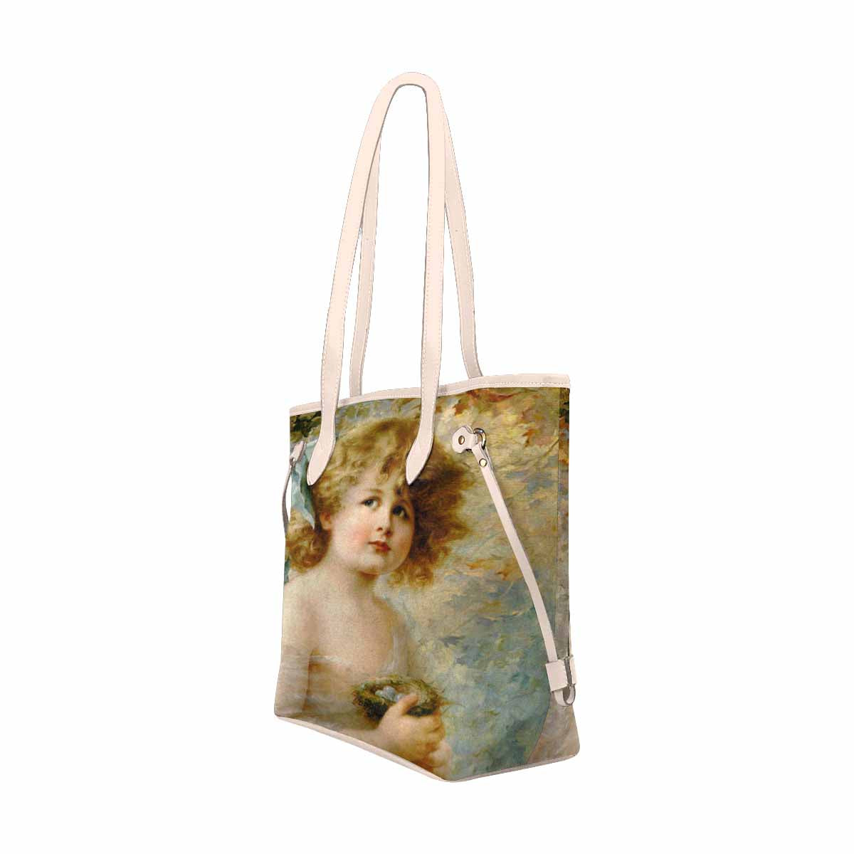 Victorian Girl Design Handbag, Model 1695361, Girl Holding A Nest, BEIGE/TAN TRIM