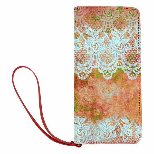 Victorian lace print womens wallet, clutch purse, red trim, design 31