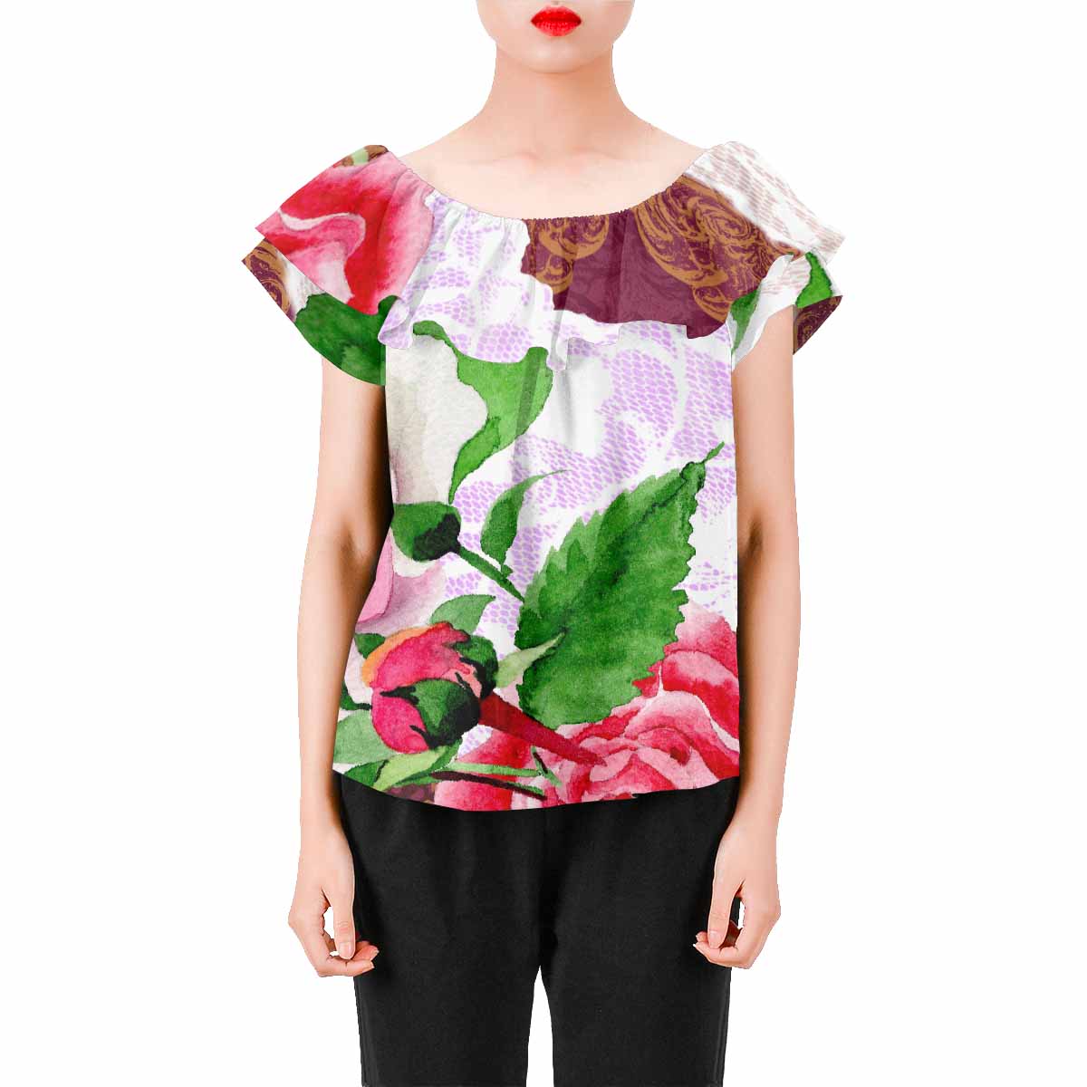 Victorian Lace print Chiffon Blouse, design 19