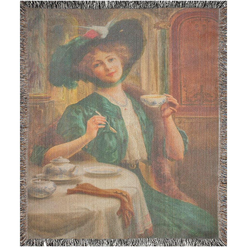 100% cotton Victorian Lady design design woven blanket, 50 x 60 or 60 x 80in, lady in green