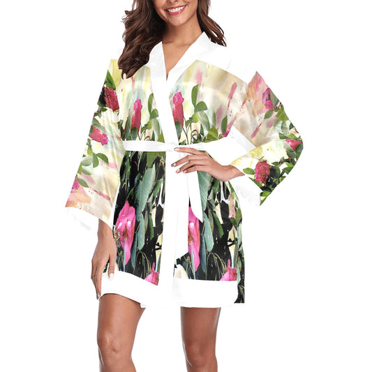 Vintage Floral Kimono Robe, Black or White Trim, Sizes XS to 2XL, Design 22