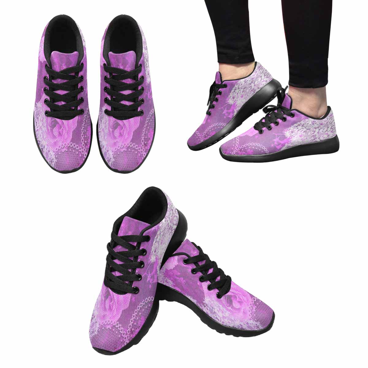 Victorian lace print, womens cute casual or running sneakers, design 03