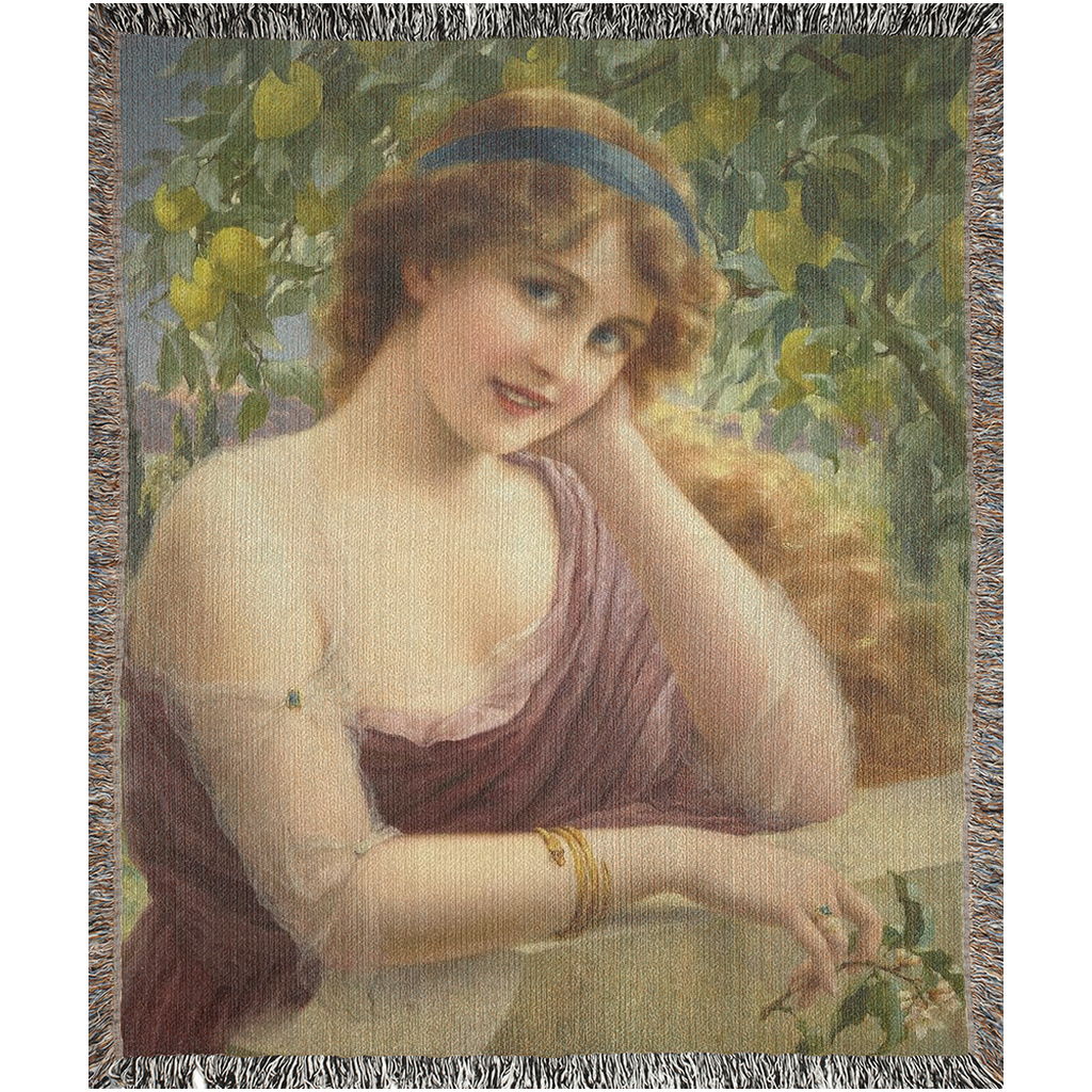 100% cotton Victorian Lady design design woven blanket, 50 x 60 or 60 x 80in, Girl by the Lemon Tree