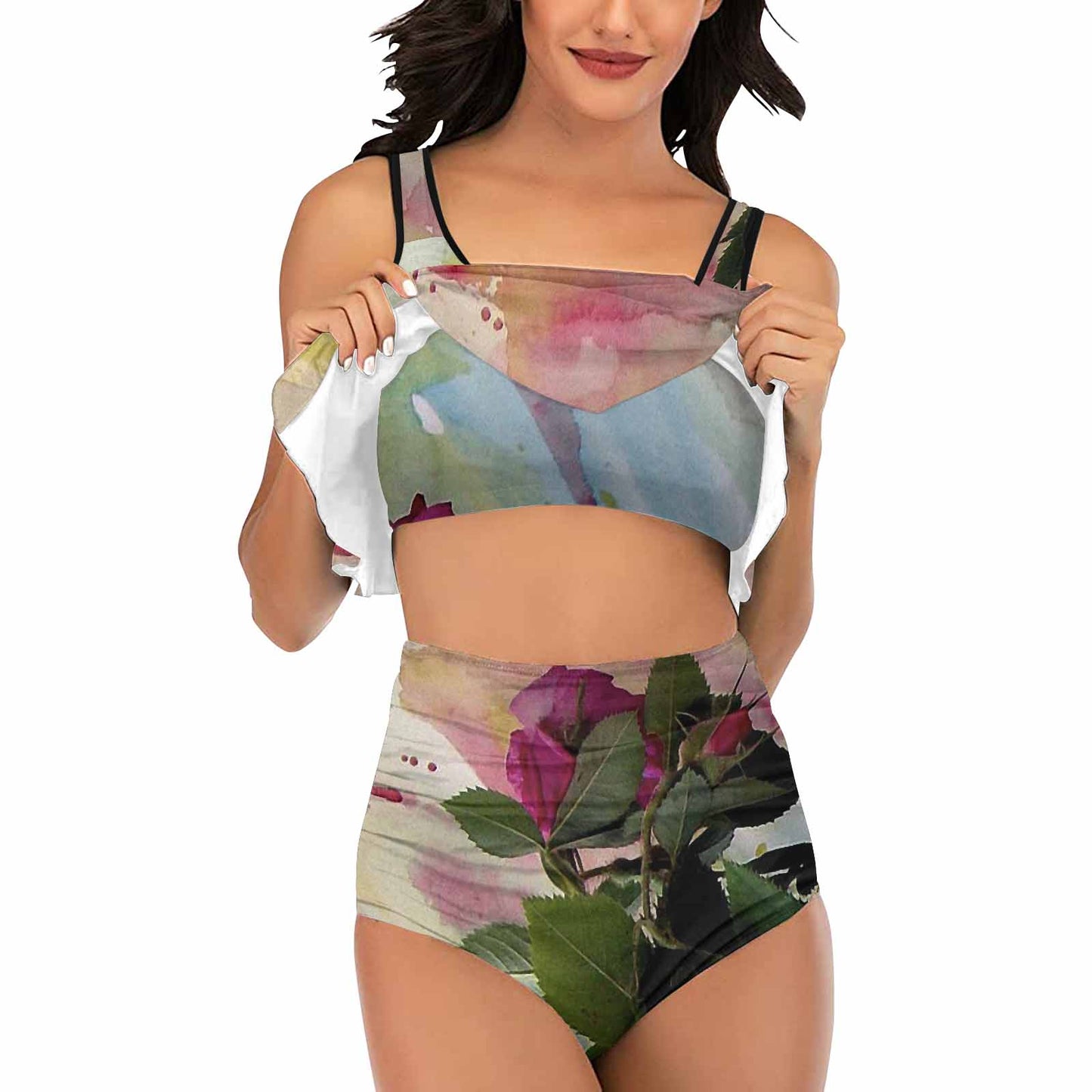 Vintage floral high waisted flounce top bikini, swim wear, Design 21