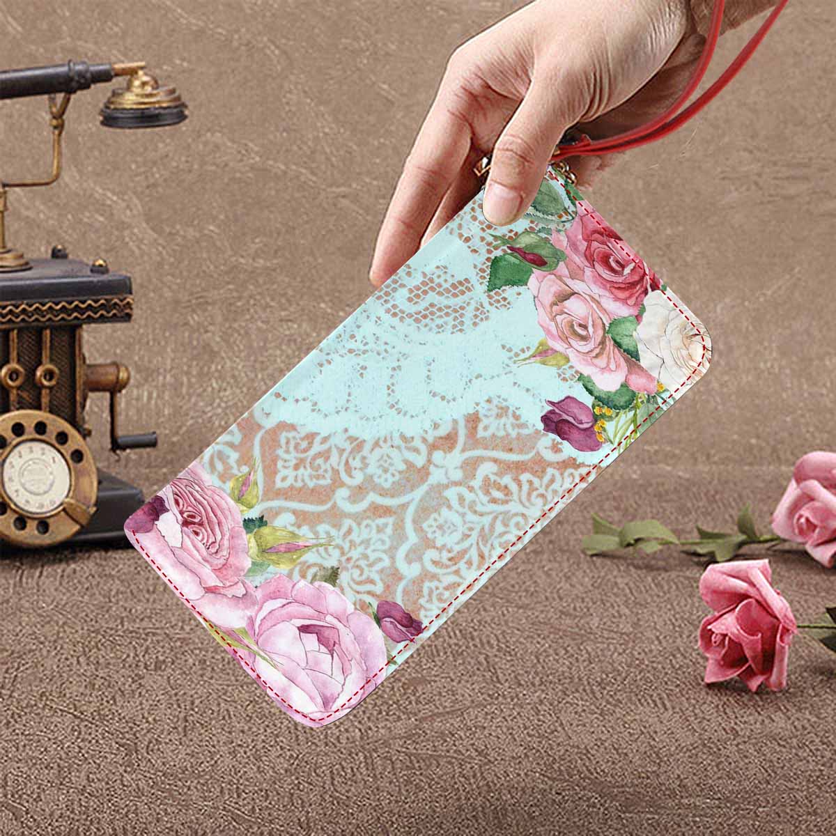 Victorian lace print womens wallet, clutch purse, red trim, design 24