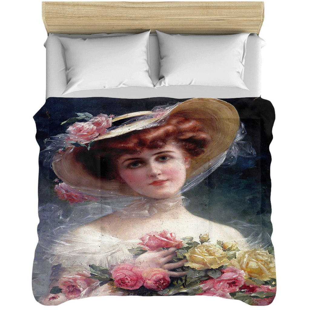 Victorian lady design comforter, twin, twin XL, queen or king, BEAUTY WITH FLOWERS