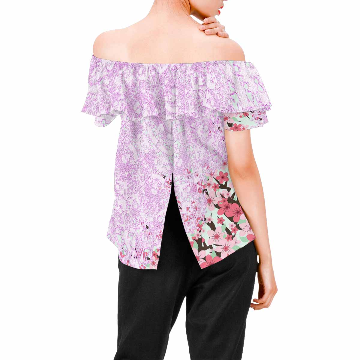 Victorian Lace print Chiffon Blouse, design 09