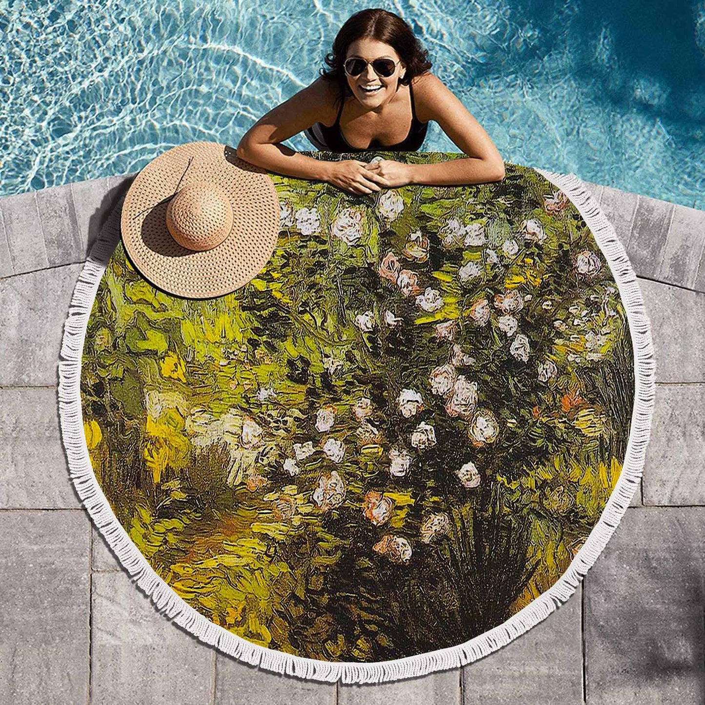 Vintage Floral circular plush beach towel, fringe edges, Design 05