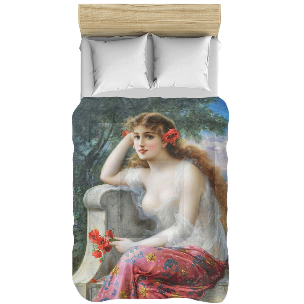 Victorian lady design comforter, twin, twin XL, queen or king, Young Beauty with Poppies