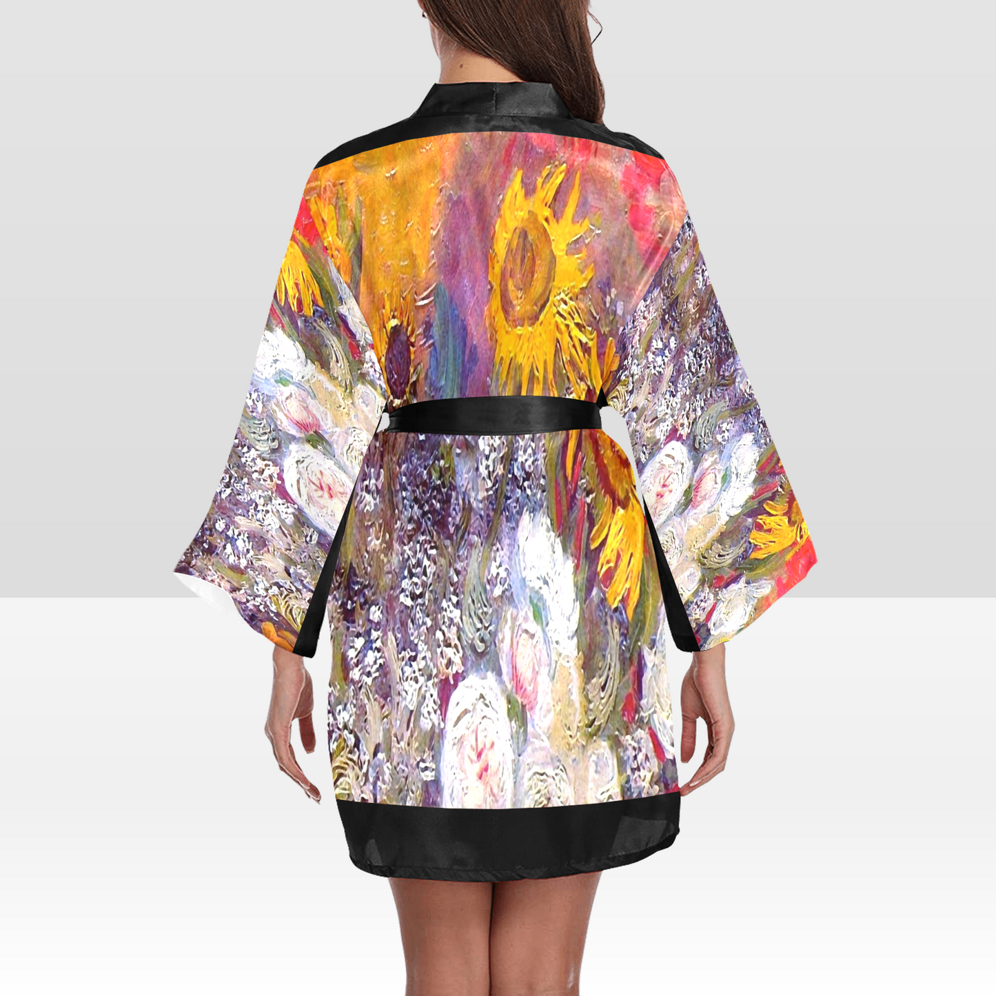 Vintage Floral Kimono Robe, Black or White Trim, Sizes XS to 2XL, Design 54