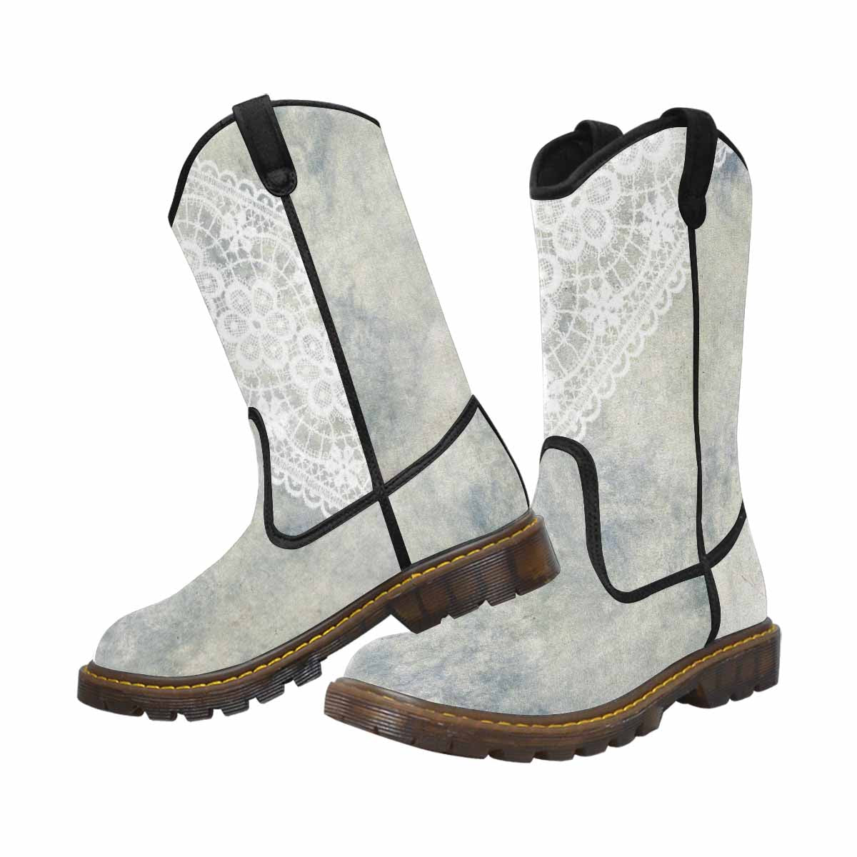 Victorian lace print, western lumber boots, design 36