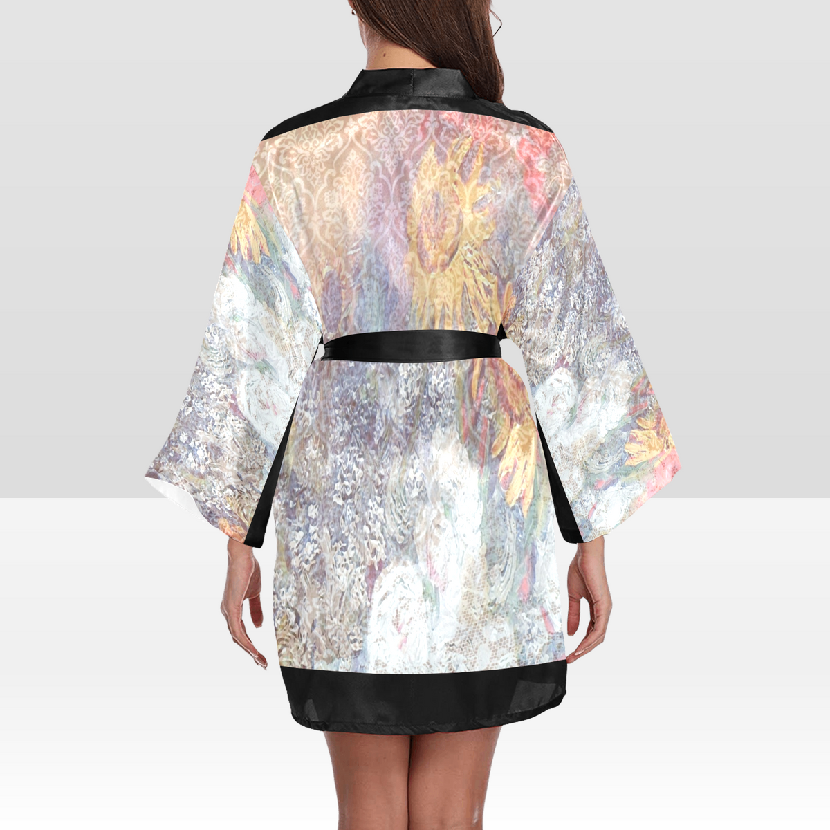 Vintage Floral Kimono Robe, Black or White Trim, Sizes XS to 2XL, Design 54x