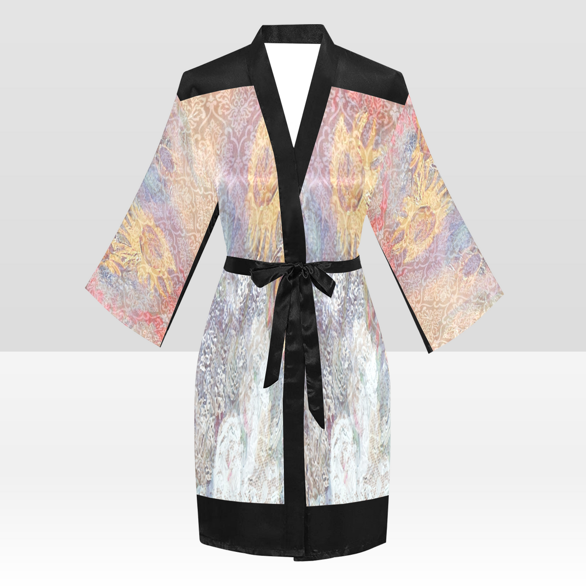 Vintage Floral Kimono Robe, Black or White Trim, Sizes XS to 2XL, Design 54x