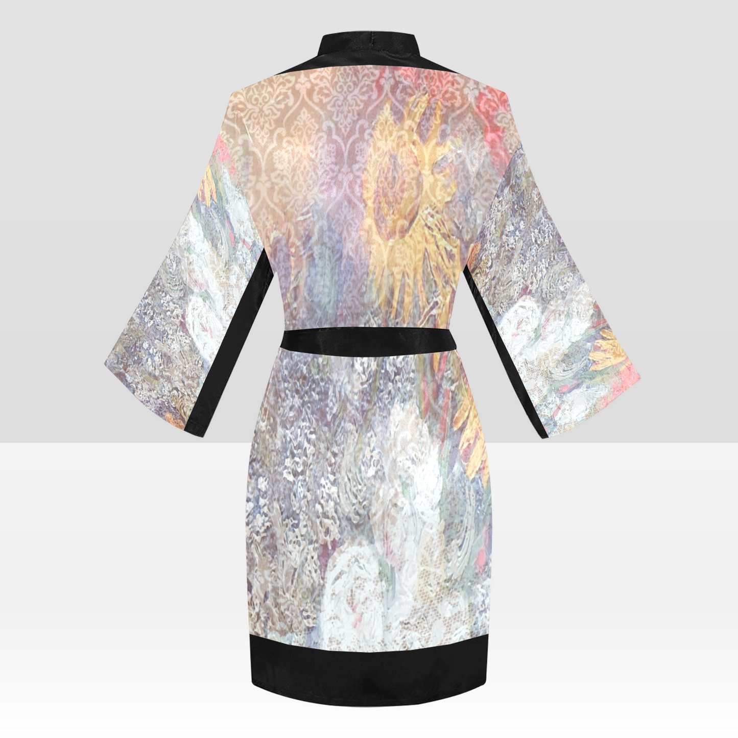 Vintage Floral Kimono Robe, Black or White Trim, Sizes XS to 2XL, Design 54x