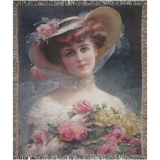 100% cotton Victorian Lady design design woven blanket, 50 x 60 or 60 x 80in, BEAUTY WITH FLOWERS