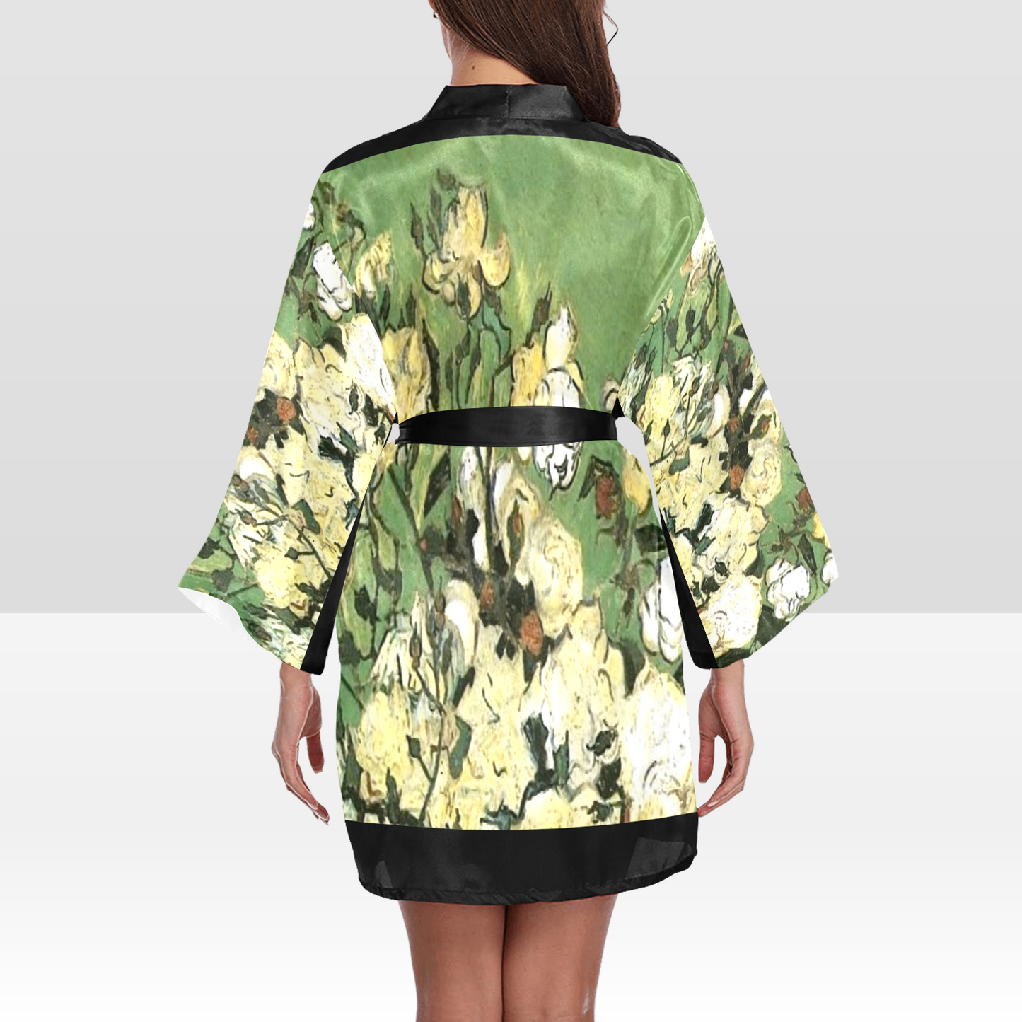 Vintage Floral Kimono Robe, Black or White Trim, Sizes XS to 2XL, Design 55