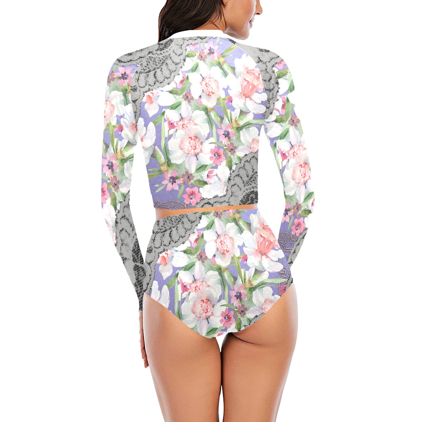 Victorian printed lace, long sleeve 2pc swimsuit, beachwear, design 45 Long Sleeve Bikini Set (Model S27)