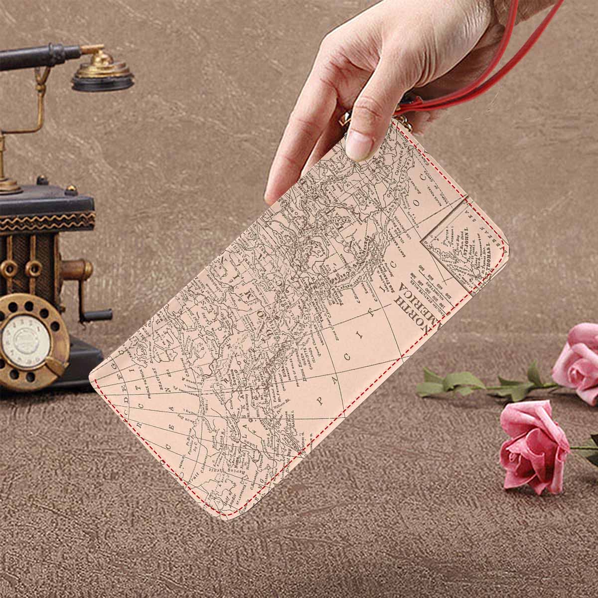 Antique Map design , womens wallet, clutch purse, Red TrimDesign 53