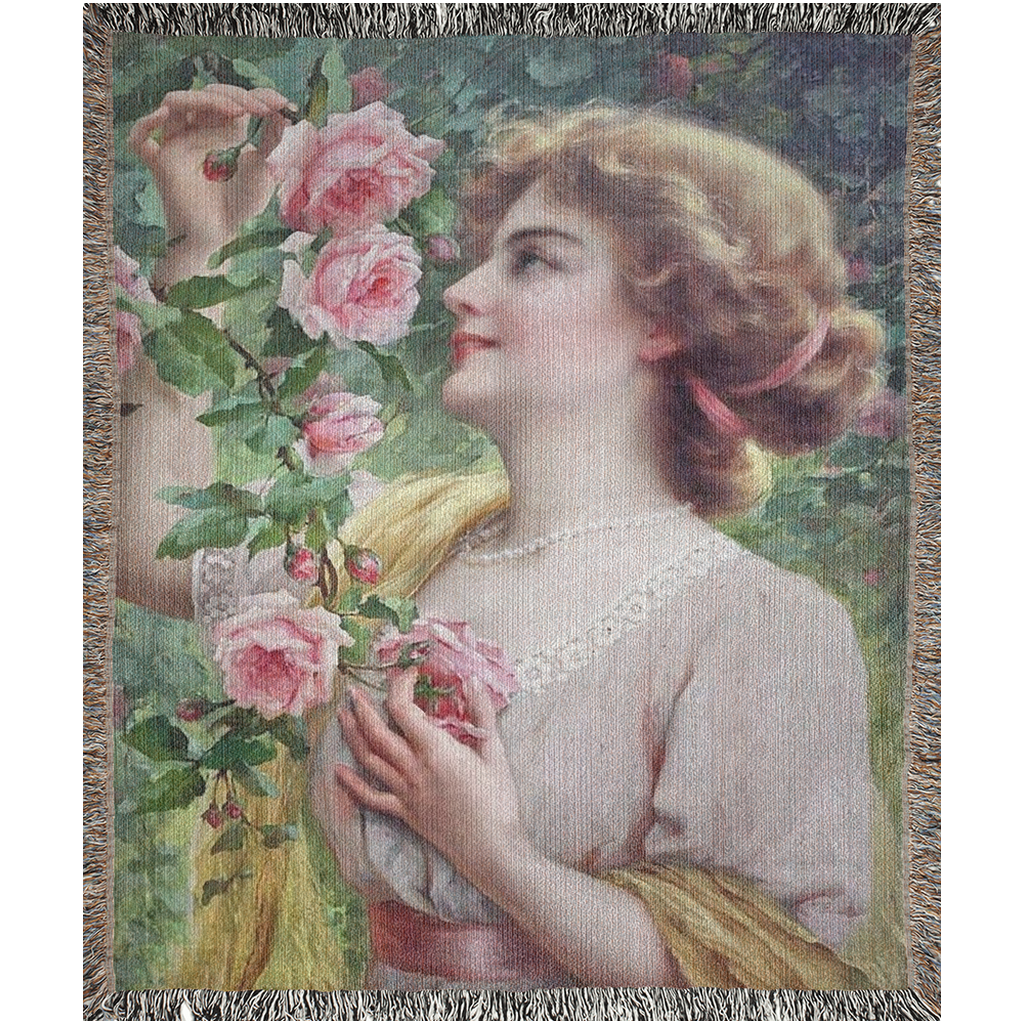 100% cotton Victorian Lady design design woven blanket, 50 x 60 or 60 x 80in, lady picking pink rose