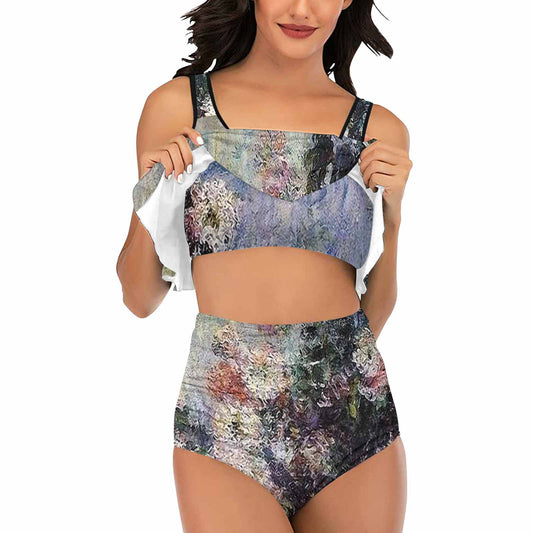 Vintage floral high waisted flounce top bikini, swim wear, Design 44