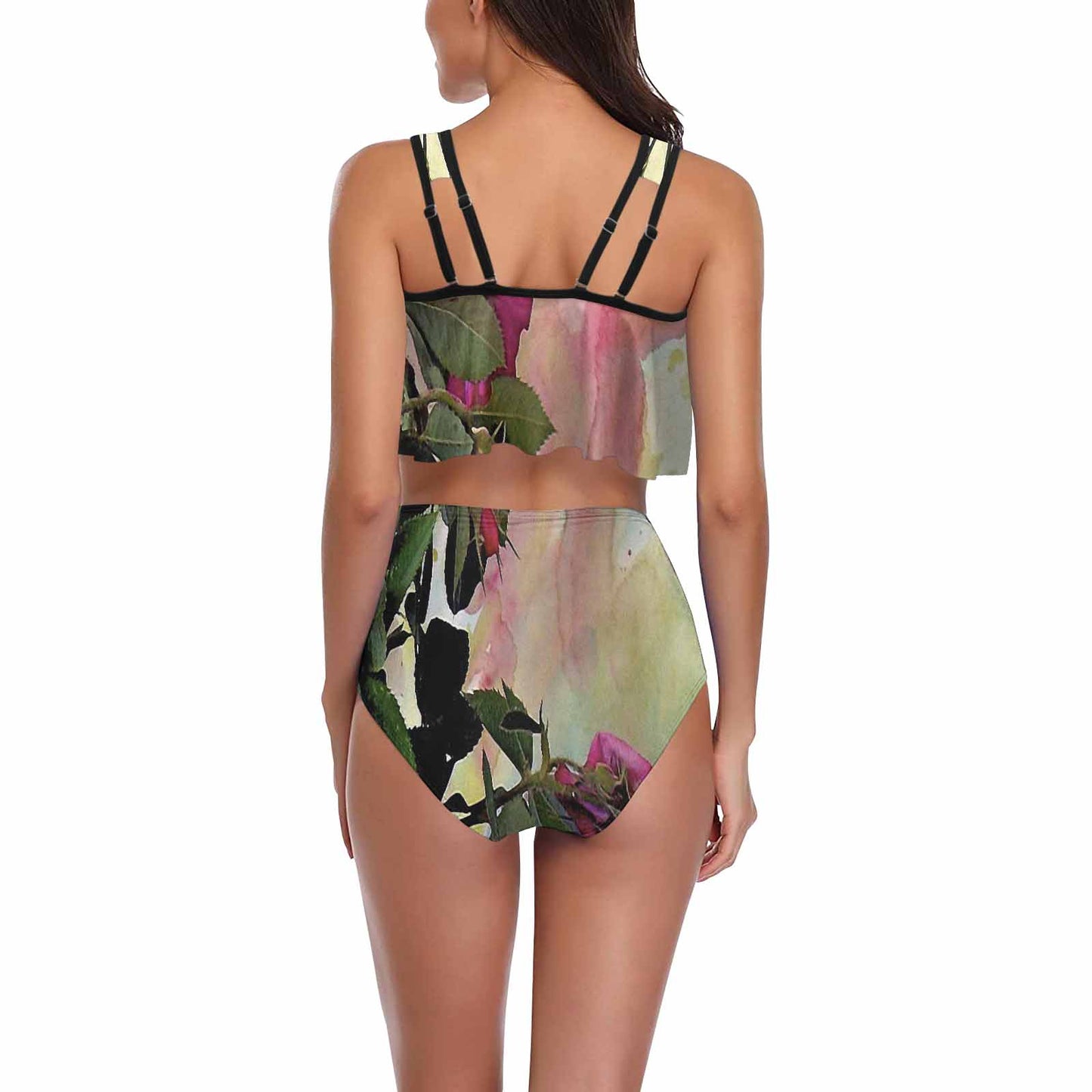 Vintage floral high waisted flounce top bikini, swim wear, Design 22