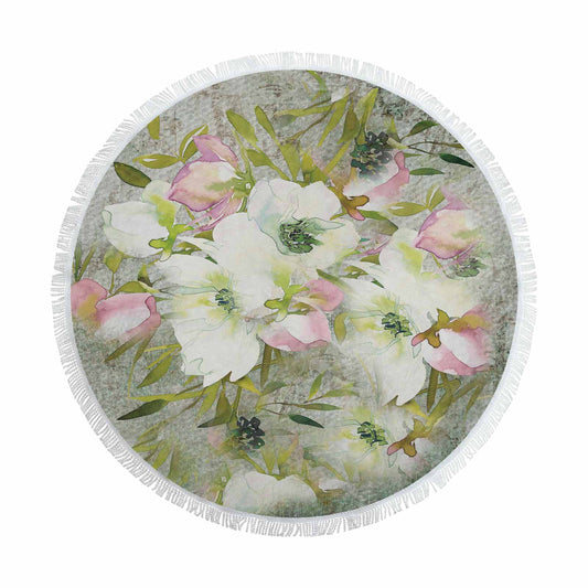 Vintage Floral circular plush beach towel, fringe edges, Design 03