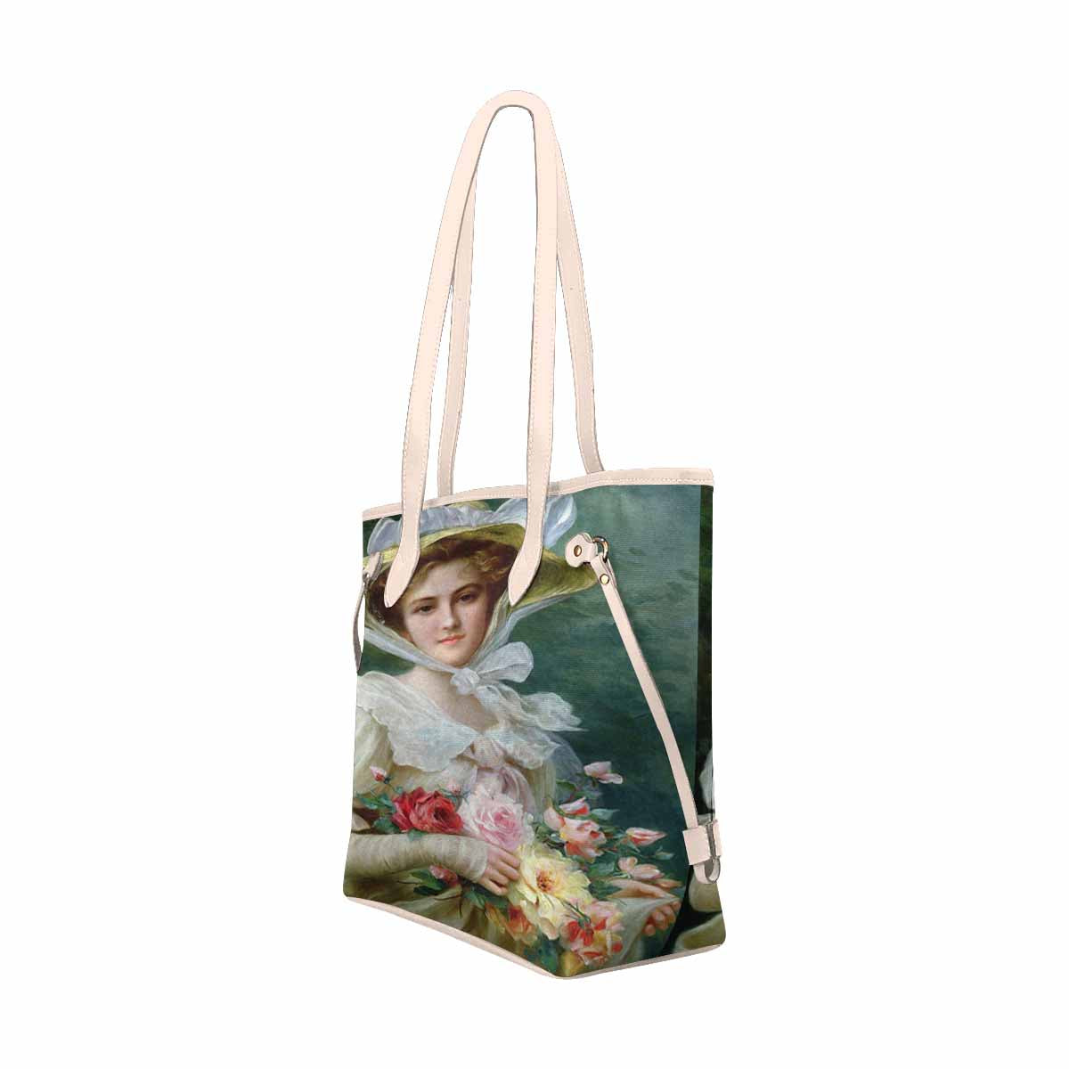 Victorian Lady Design Handbag, Model 1695361, Elegant Lady With A Bouquet of Roses 1, BEIGE/TAN TRIM