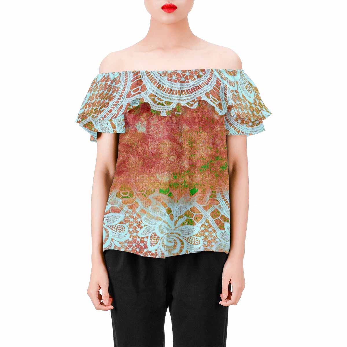 Victorian Lace print Chiffon Blouse, design 31