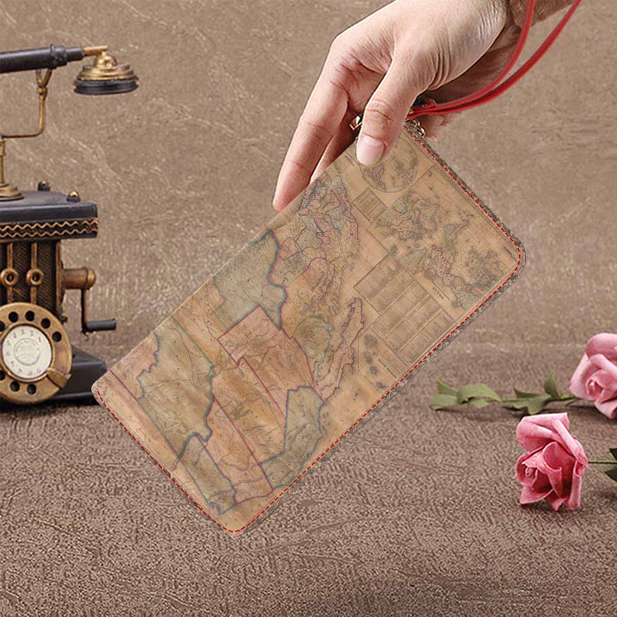 Antique Map design , womens wallet, clutch purse, Red TrimDesign 28